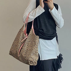 Leopard Print Button Diagonal Bag Large Capacity Canvas Shopping Bag