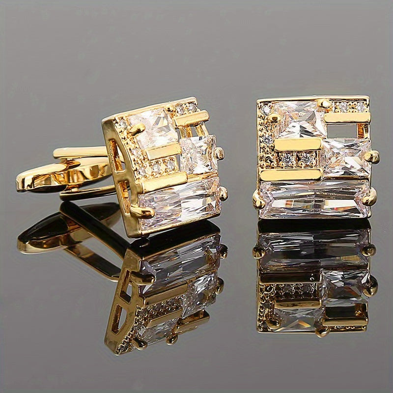 Square Crystal Cufflinks Copper Faux Diamond French Shirt Button Hollowed Out