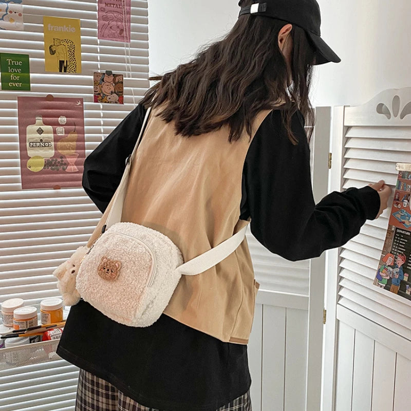 Autumn Winter Bear Messenger Bag Women Plush Phone Bag Small Shoulder Bag