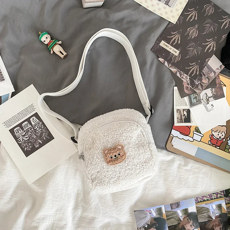 Autumn Winter Bear Messenger Bag Women Plush Phone Bag Small Shoulder Bag