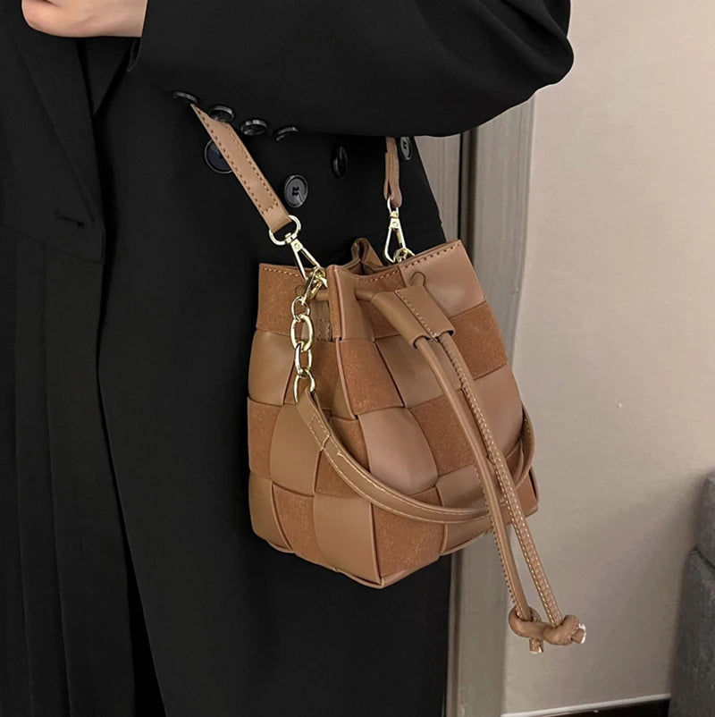 Autumn Winter Women Bags Retro Messenger Bag Woven Bucket Shoulder Bag