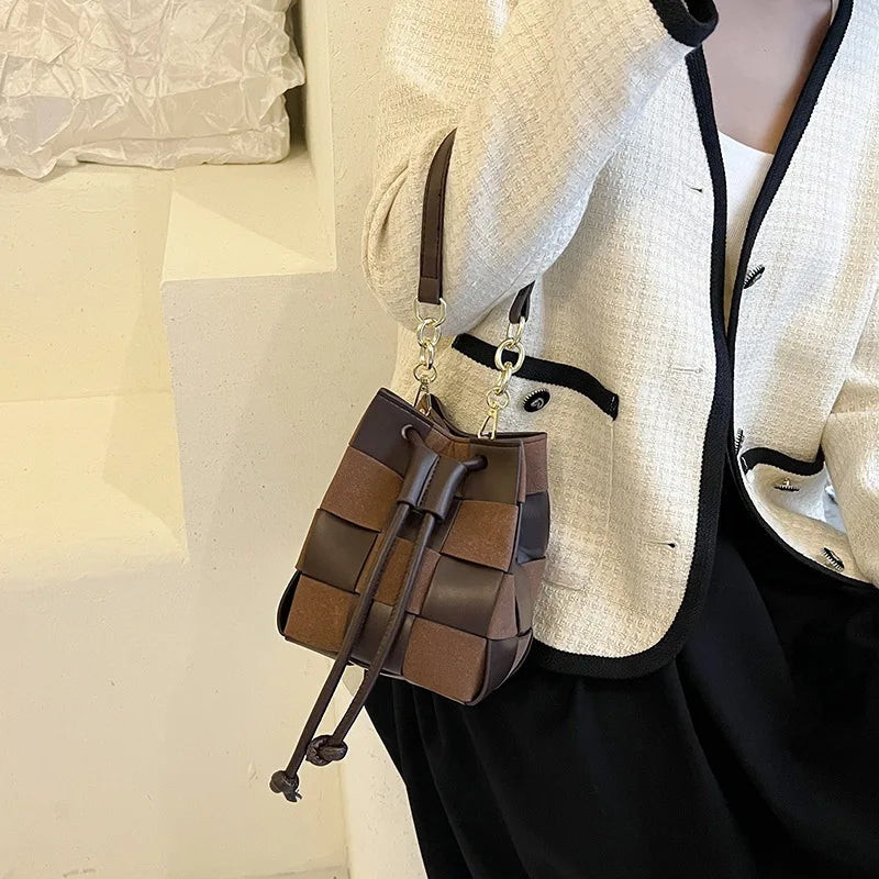 Autumn Winter Women Bags Retro Messenger Bag Woven Bucket Shoulder Bag