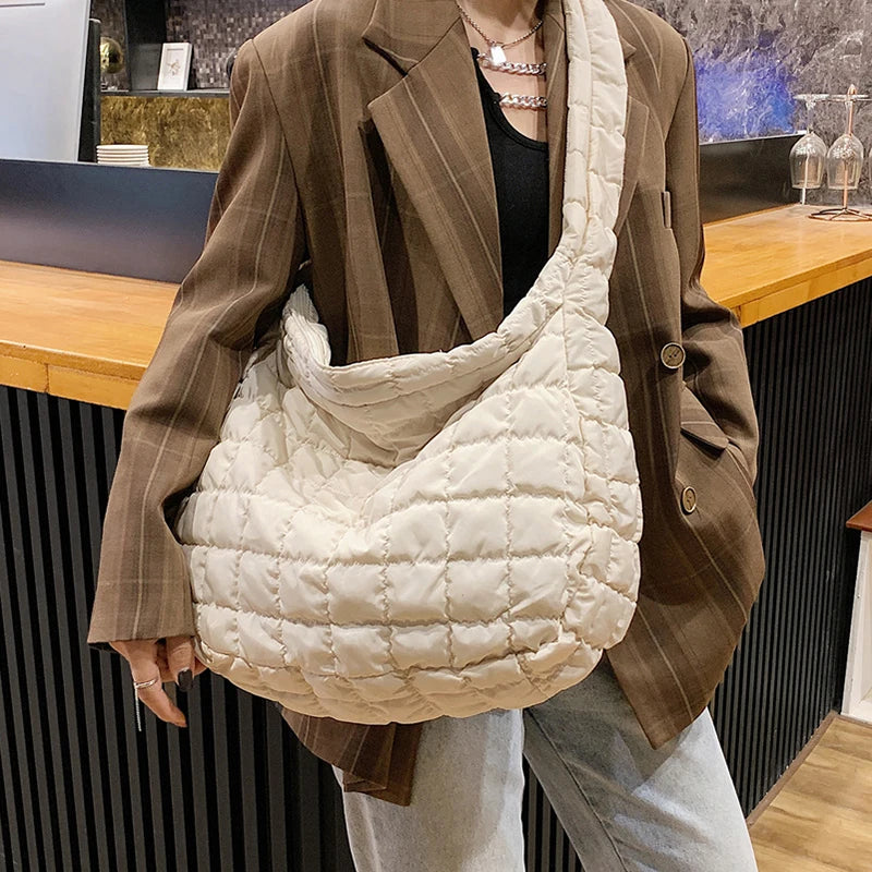 Casual Large Capacity Tote Shoulder Bags Ruched Handbag Nylon Quilted
