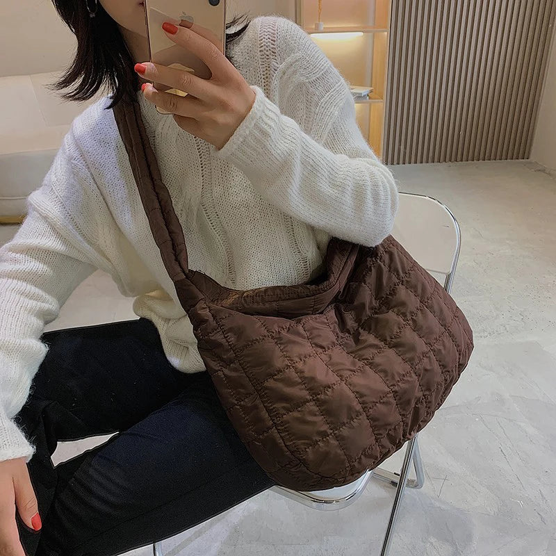 Casual Large Capacity Tote Shoulder Bags Ruched Handbag Nylon Quilted