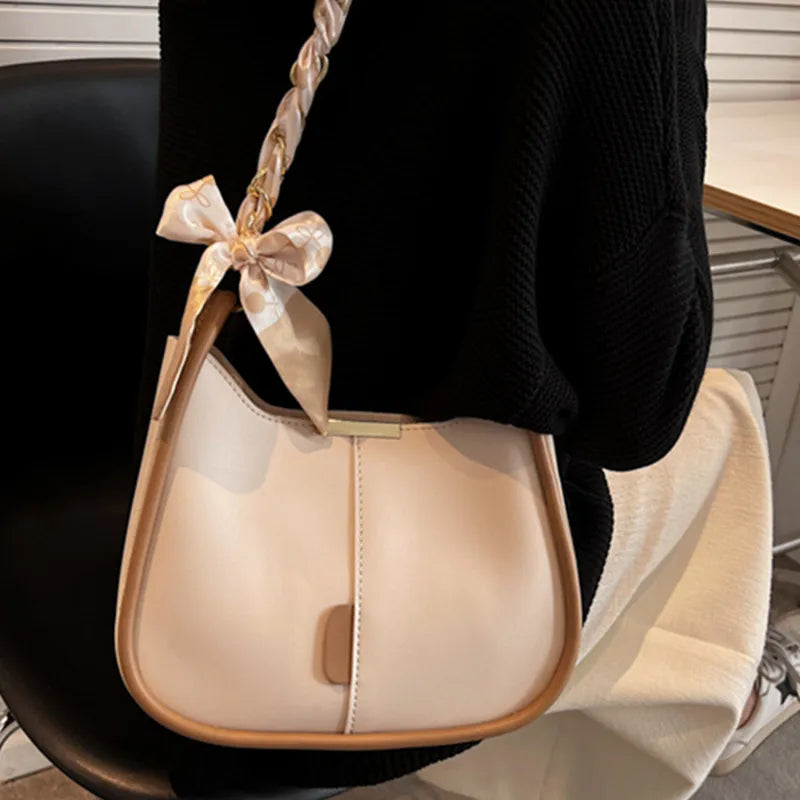 Women's Leather Chain Crossbody Bag Silk Scarf Handbag