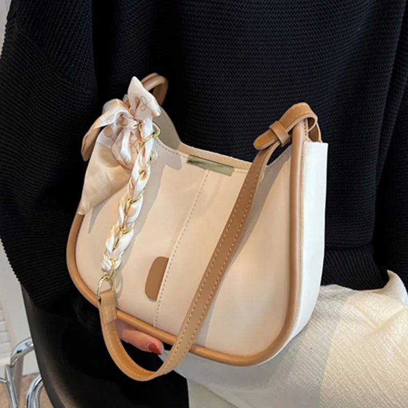 Women's Leather Chain Crossbody Bag Silk Scarf Handbag