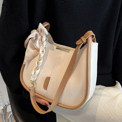 Women's Leather Chain Crossbody Bag Silk Scarf Handbag