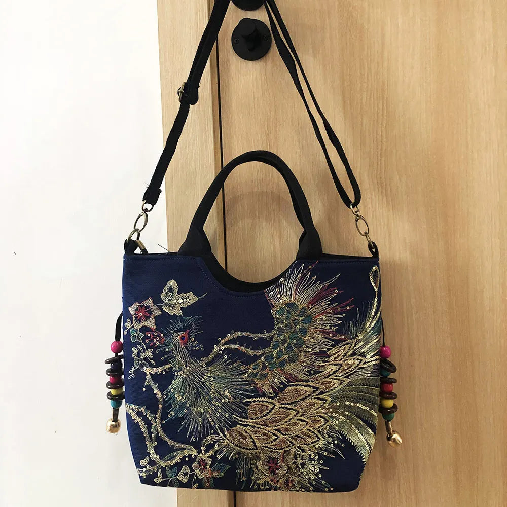 Sequins Peacock Embroidered Canvas Tote Bag, Beaded Handbag