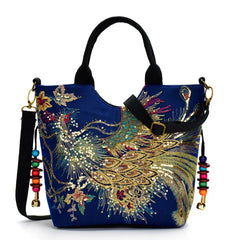 Sequins Peacock Embroidered Canvas Tote Bag, Beaded Handbag