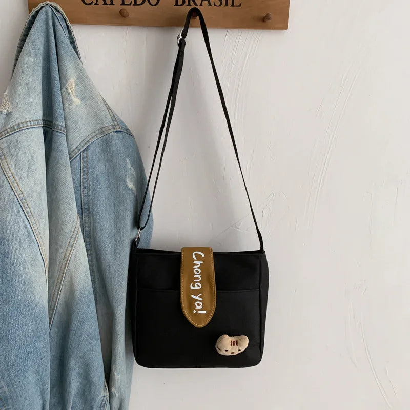 Canvas Cartoon Pendant Shoulder Bag for Women Girls