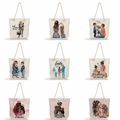 Cartoon Mom And Baby Print Shoulder Bag, Large Capacity Tote for Women