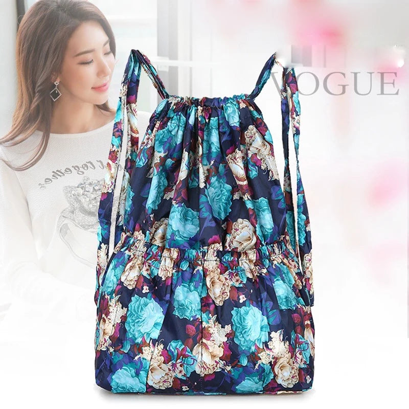 Ethnic Style Drawstring Backpack Large Capacity Waterproof Nylon Rucksack