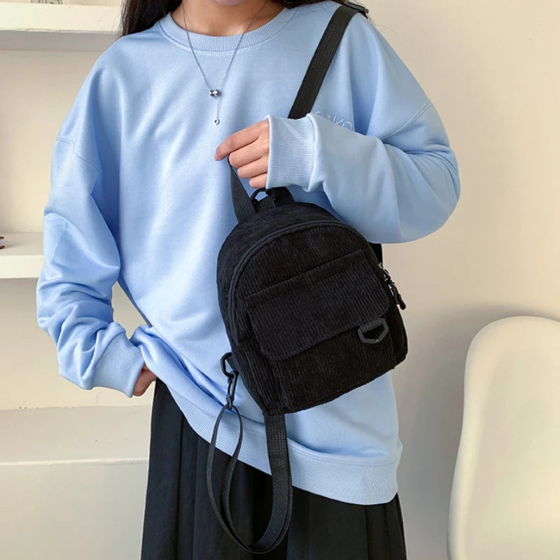 Corduroy Mini Backpack for Women Small Casual Student Bookbag