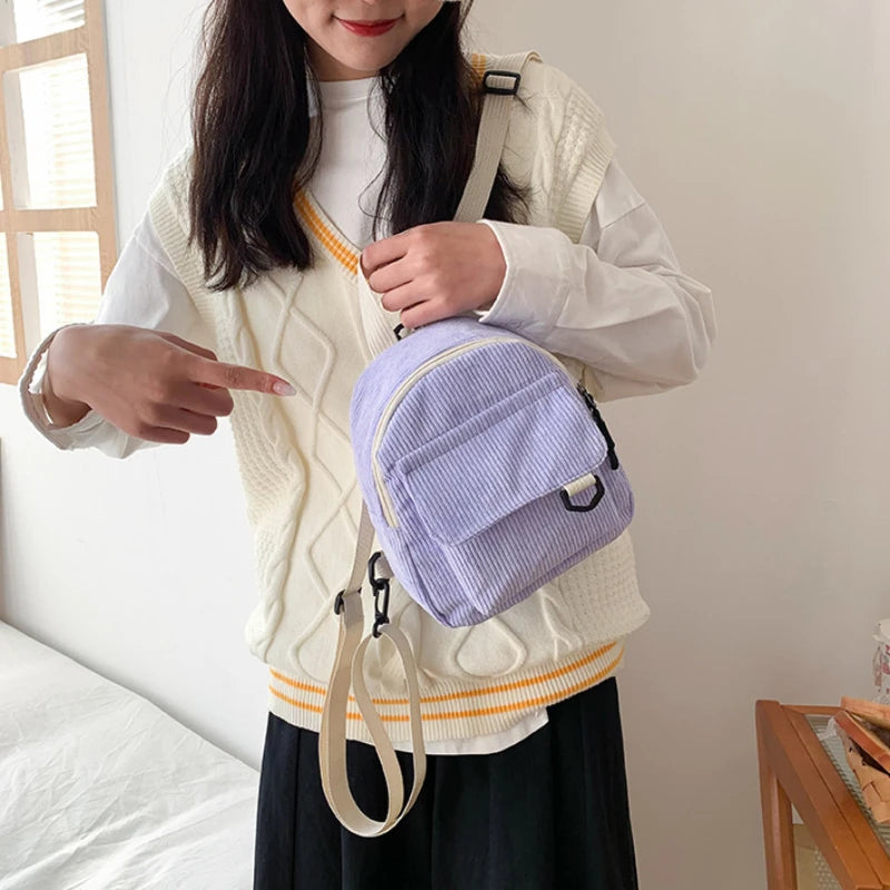 Corduroy Mini Backpack for Women Small Casual Student Bookbag