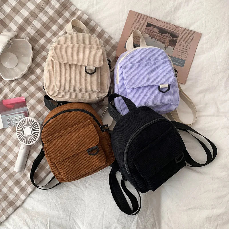Corduroy Mini Backpack for Women Small Casual Student Bookbag