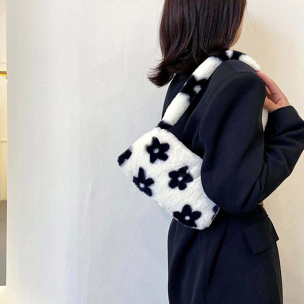 Women Plush Flower Print Shoulder Bag Casual Handbags Purse Winter Tote