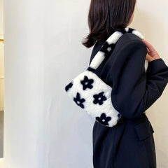 Women Plush Flower Print Shoulder Bag Casual Handbags Purse Winter Tote
