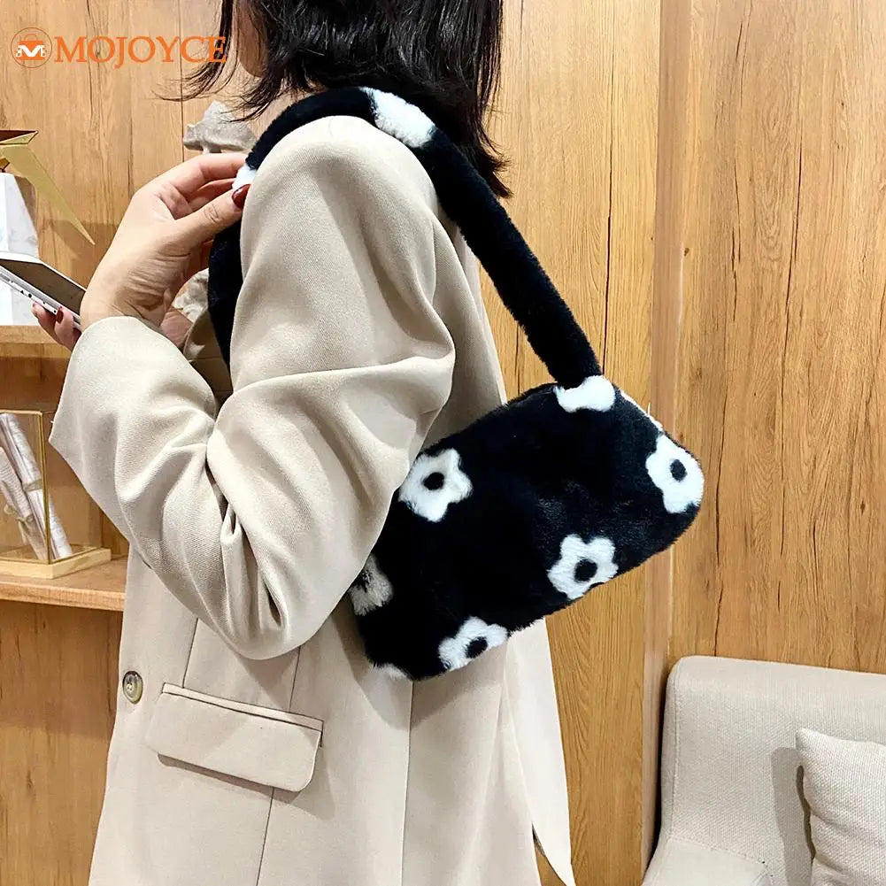 Women Plush Flower Print Shoulder Bag Casual Handbags Purse Winter Tote