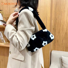 Women Plush Flower Print Shoulder Bag Casual Handbags Purse Winter Tote