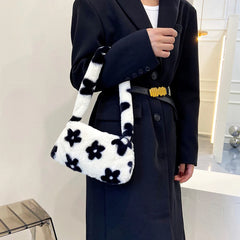 Women Plush Flower Print Shoulder Bag Casual Handbags Purse Winter Tote