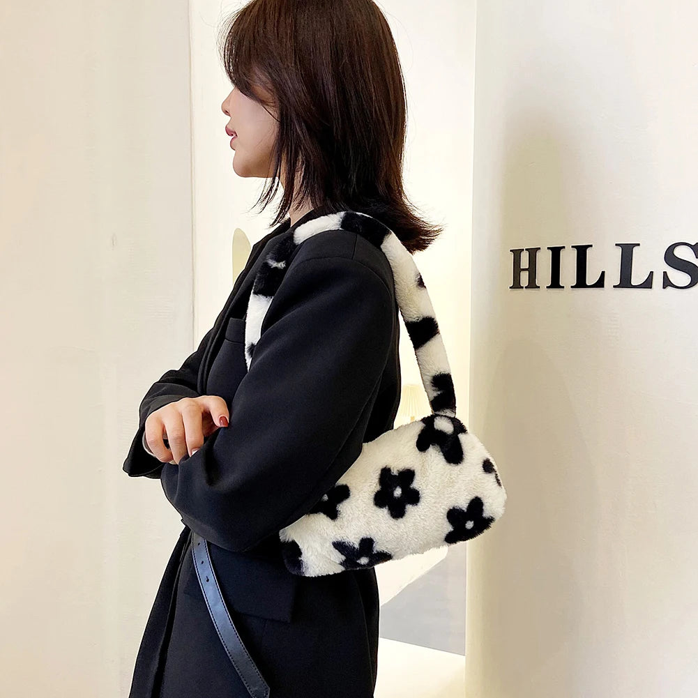 Women Plush Flower Print Shoulder Bag Casual Handbags Purse Winter Tote