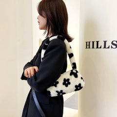 Women Plush Flower Print Shoulder Bag Casual Handbags Purse Winter Tote