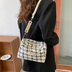 French Style Retro Woolen Plaid High Chain Messenger Bag Women
