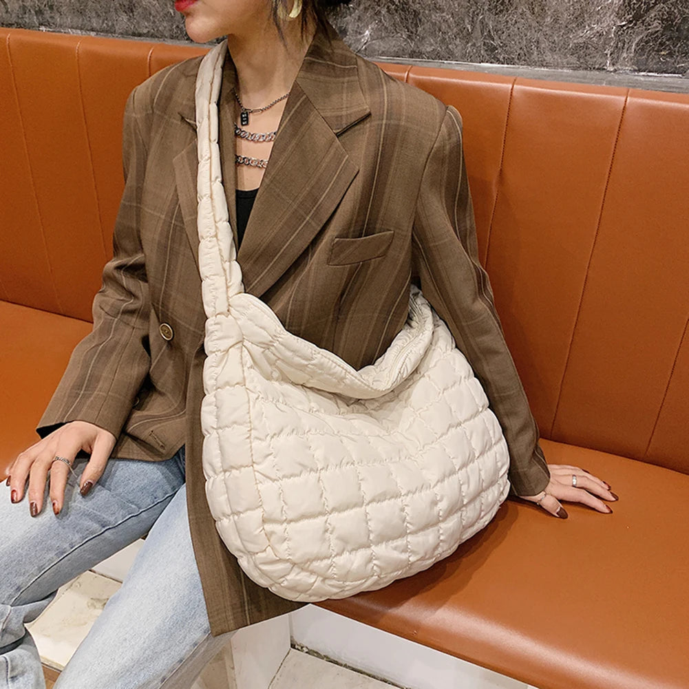 Grid Pattern Large Shoulder Bag Space Cotton Handbag Woman Large Capacity Bags