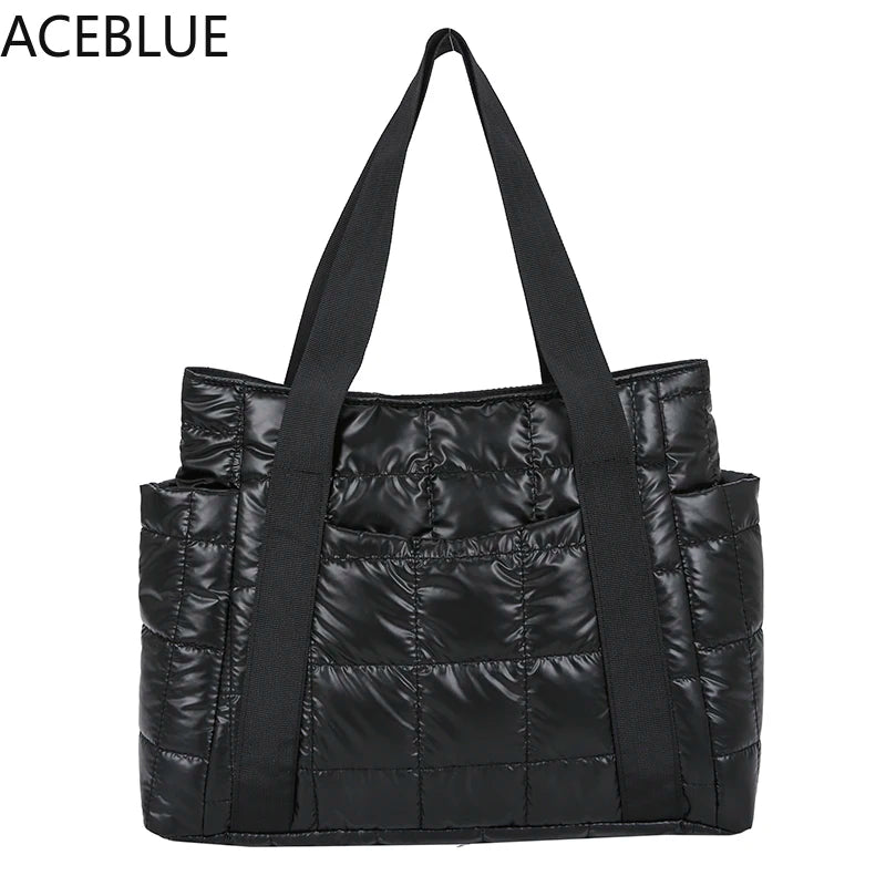 Winter Textured Padded Duffel Bag Plaid Shoulder Bags Nylon Handbags