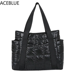 Winter Textured Padded Duffel Bag Plaid Shoulder Bags Nylon Handbags