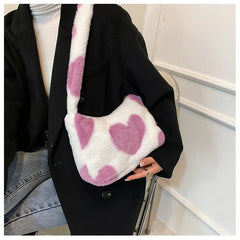 Plush Flower Pattern Shoulder Bag - Faux Fur Handbag