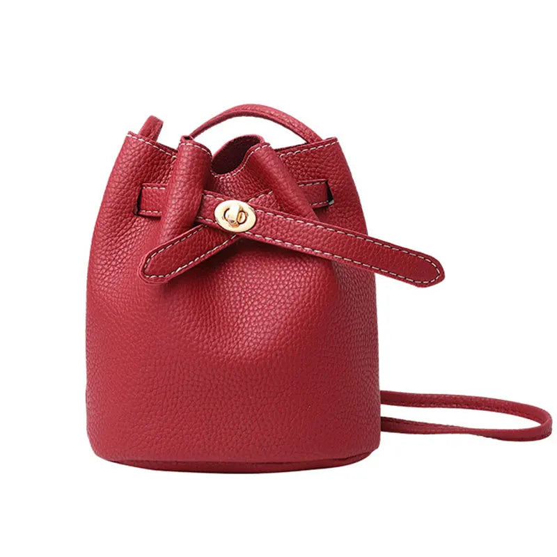 PU Leather Bucket Bag Ladies Shoulder Bag Solid Drawstring Bag