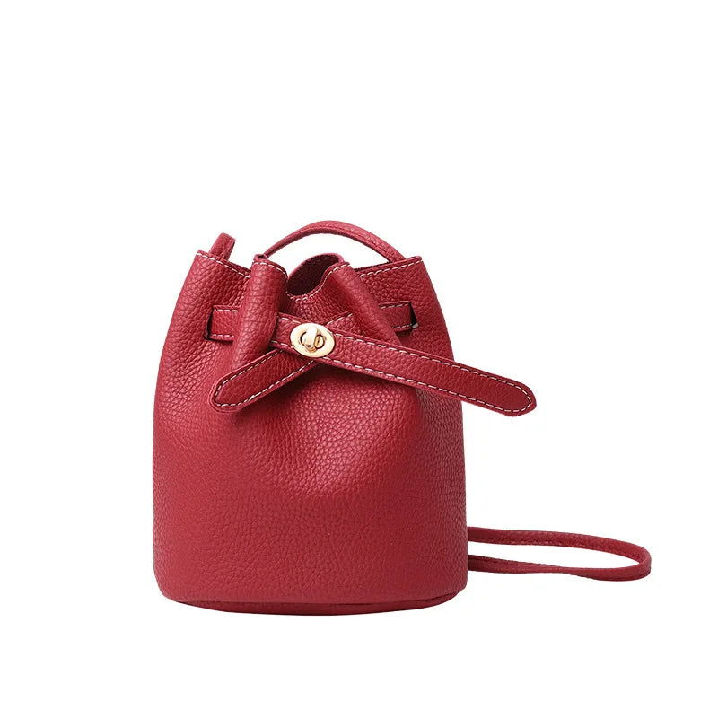 PU Leather Bucket Bag Ladies Shoulder Bag Solid Drawstring Bag