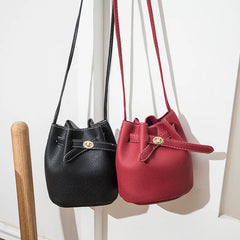 PU Leather Bucket Bag Ladies Shoulder Bag Solid Drawstring Bag