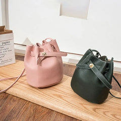 PU Leather Bucket Bag Ladies Shoulder Bag Solid Drawstring Bag