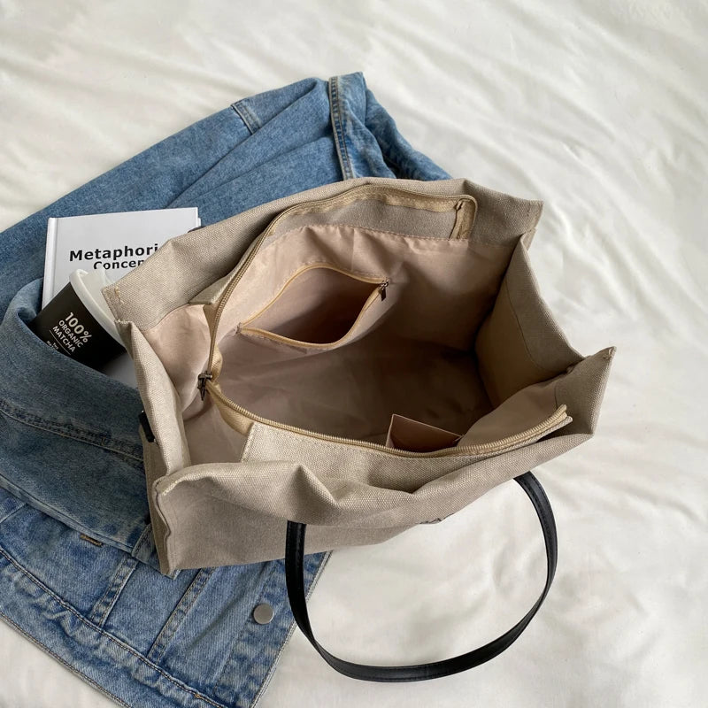 Large Canvas Tote Bag Women Shopping Shoulder Bag Solid Handle Reusable Tote