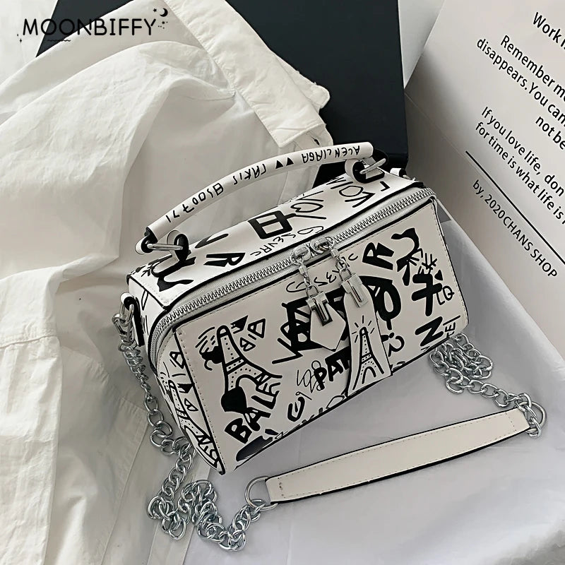Graffiti Pattern Leather Crossbody Bag for Women