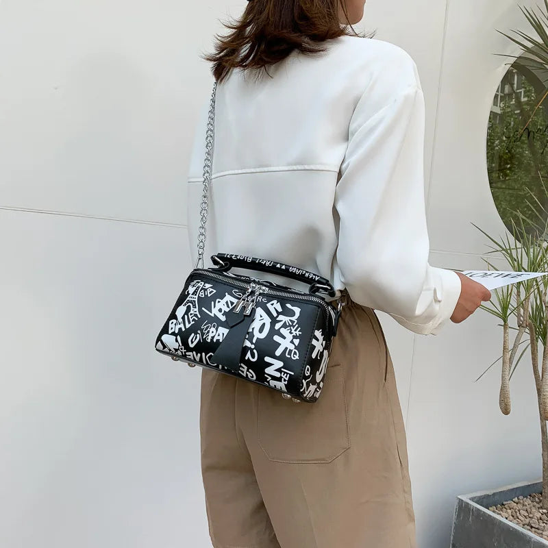 Graffiti Pattern Leather Crossbody Bag for Women