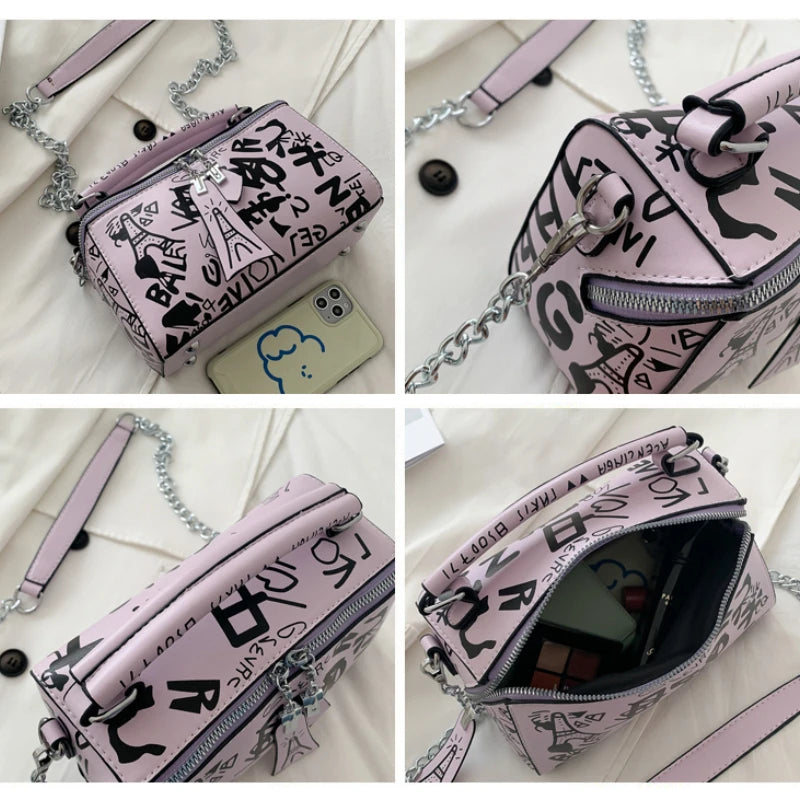 Graffiti Pattern Leather Crossbody Bag for Women