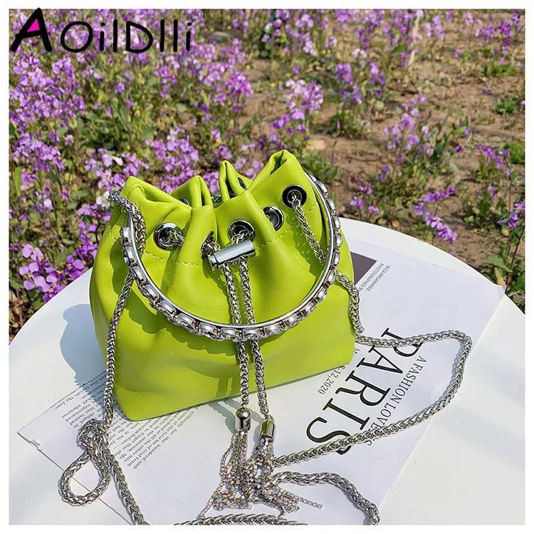 Satin Bucket Crossbody Bag with Metal Ring Handle