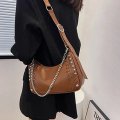 Stylish Rivet Half-Moon Crossbody Bag with Chain Strap