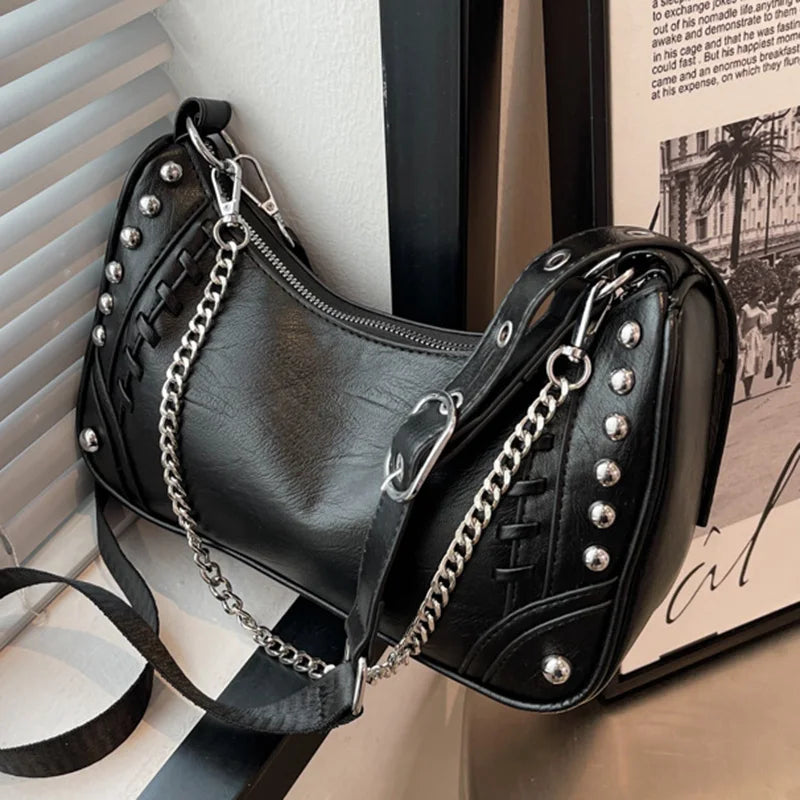 Stylish Rivet Half-Moon Crossbody Bag with Chain Strap