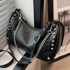 Stylish Rivet Half-Moon Crossbody Bag with Chain Strap