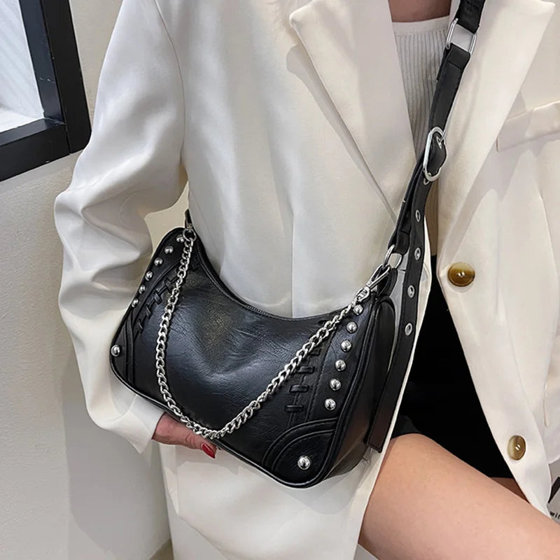 Stylish Rivet Half-Moon Crossbody Bag with Chain Strap