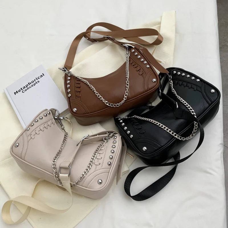Stylish Rivet Half-Moon Crossbody Bag with Chain Strap