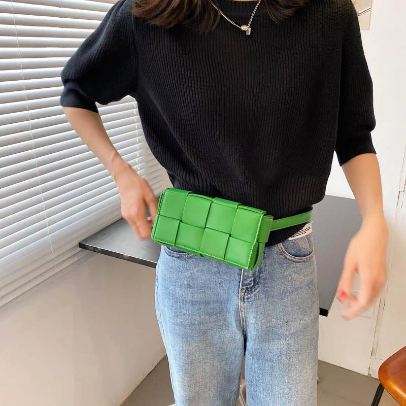 Female Leather Woven Messenger Bag Small Waist Shoulder Hand Bag