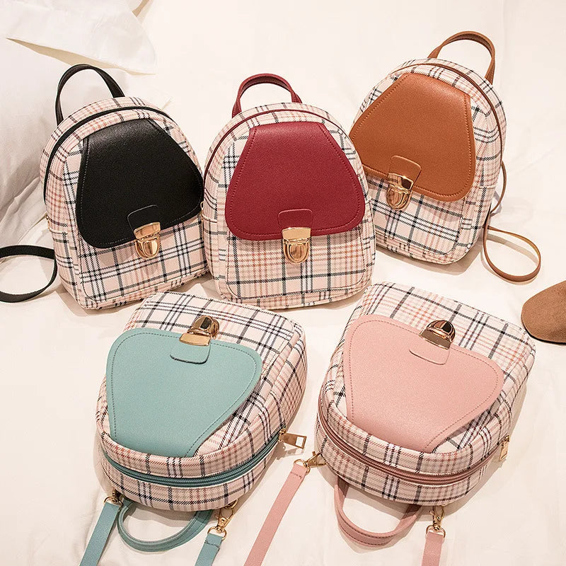 Small PU Leather Backpack Korean-style Bag Grid Pattern Female Backpacks