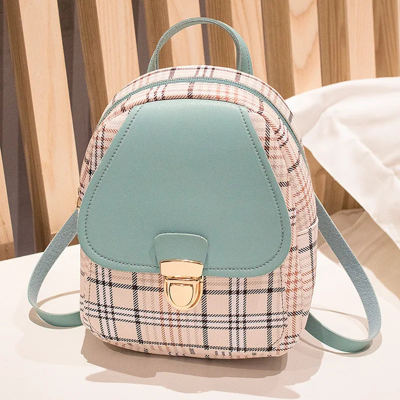 Small PU Leather Backpack Korean-style Bag Grid Pattern Female Backpacks