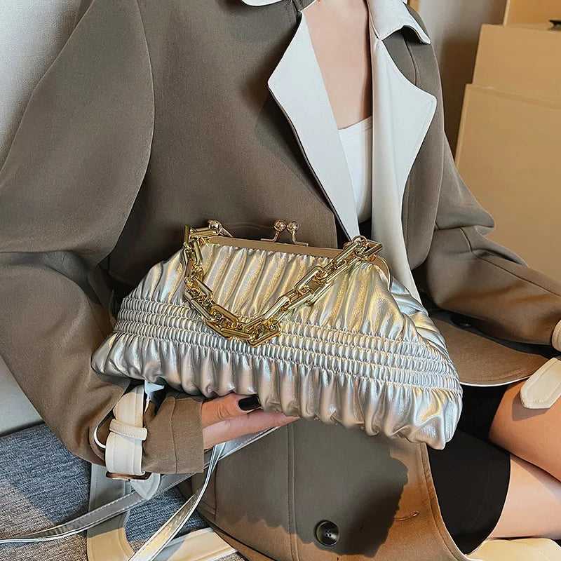 Chain Shoulder Bags PU Crossbody Handbag for Women Pleated Shopping