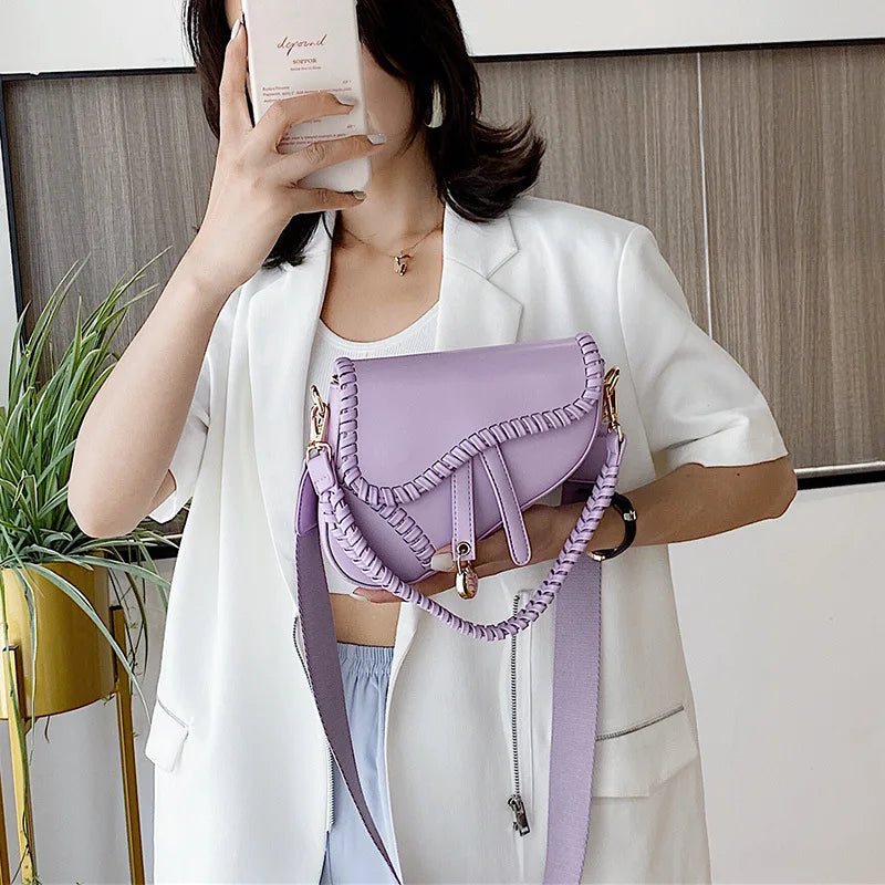 Women Saddle Shoulder Bag PU Material Hasp Zipper Lock Ornament Bag